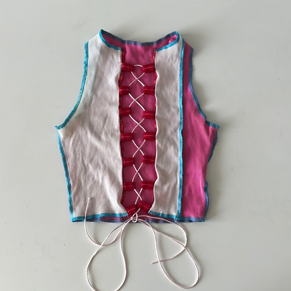 Lace Up Patchwork Contrast Stitch Crop Top